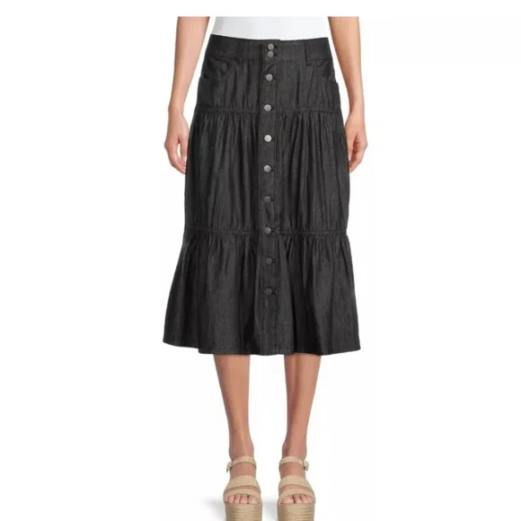 Time and Tru Black Denim Tiered Button Down Skirt Size 8 NEW - Picture 2 of 5